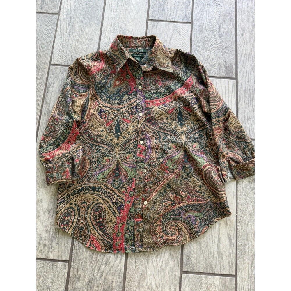 Lauren Ralph Lauren Shirt Paisley Print Button Up Non Iron Womens Size Med EUC